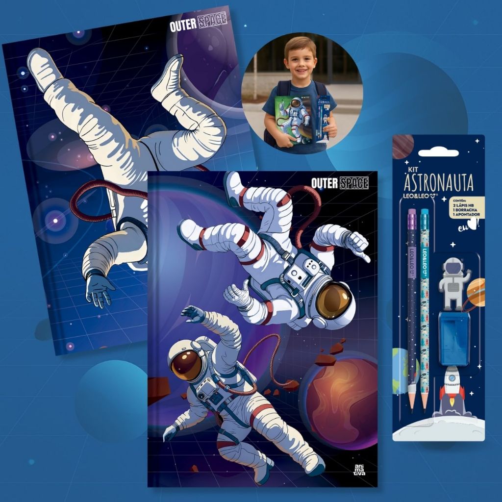 Caderno Brochura Grande Astronauta Universo 2un Capa Dura + Kit Escolar 4pcs Volta as Aulas em Oferta na Shopee