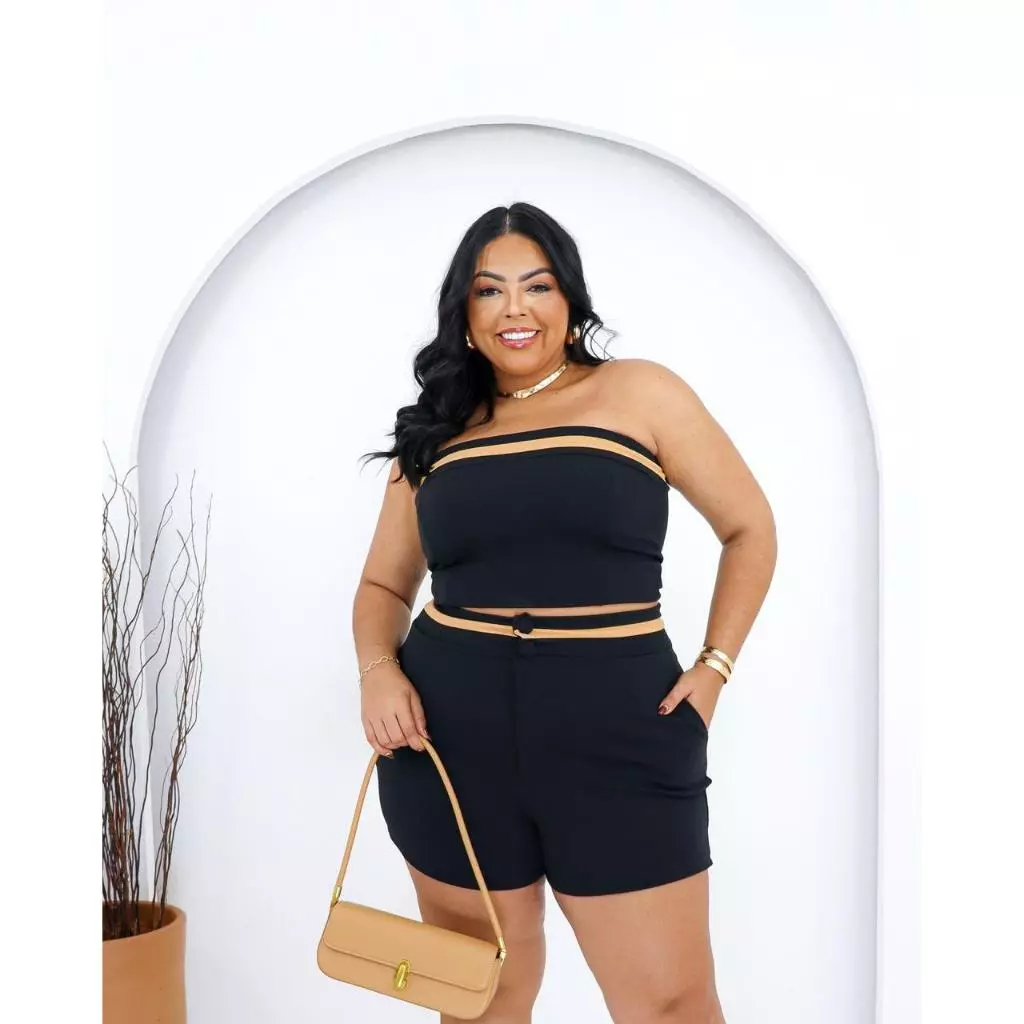 Conjunto Plus Size Short Cintura alta com botão + Top tomara que Caia Conjunto Virgínia em Oferta na Shopee