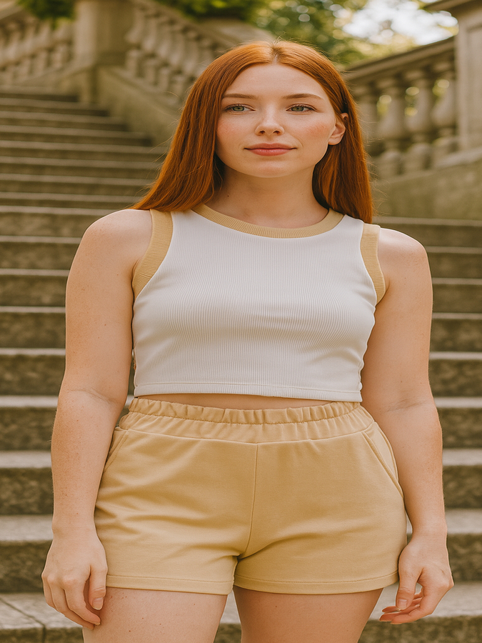 Conjunto Fabi Feminino Cropped Bicolor Ribana + Shorts Liso Moda Casual Tendência
