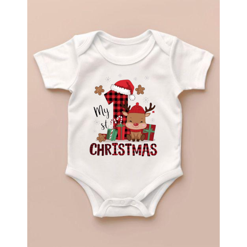 Body MC Infantil para Bebê Especial de Natal Frases: Meu Primeiro Natal, Merry Christmas, Meu Primeiro Ano Novo