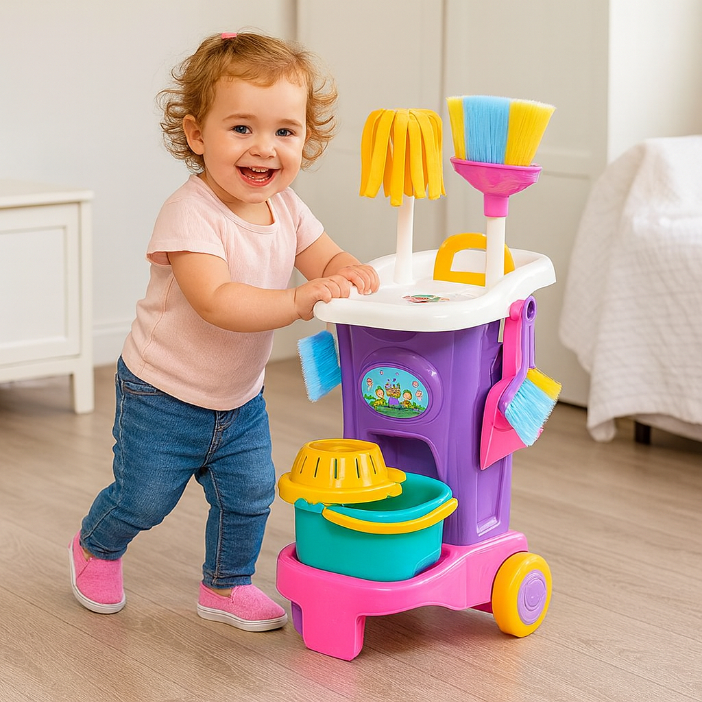 Carrinho Limpeza Infantil Brinquedo Educativo Kit Completo 6 Acessórios Criança Faz de Conta
