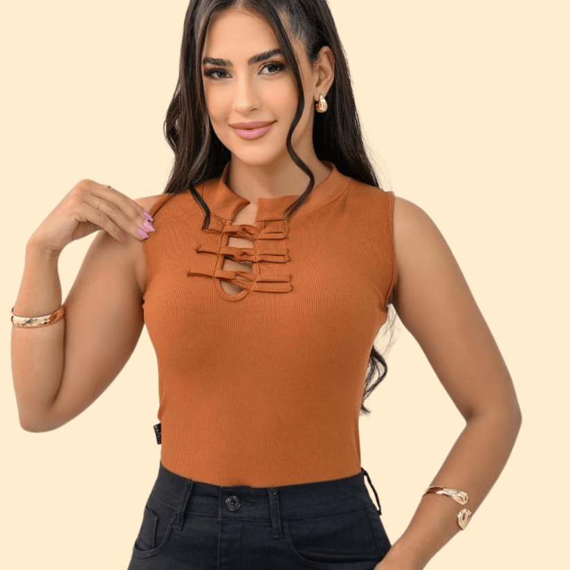 Blusa Regata Feminina Elegante Canelada Detalhe Gola Alta  M G GG XG G1