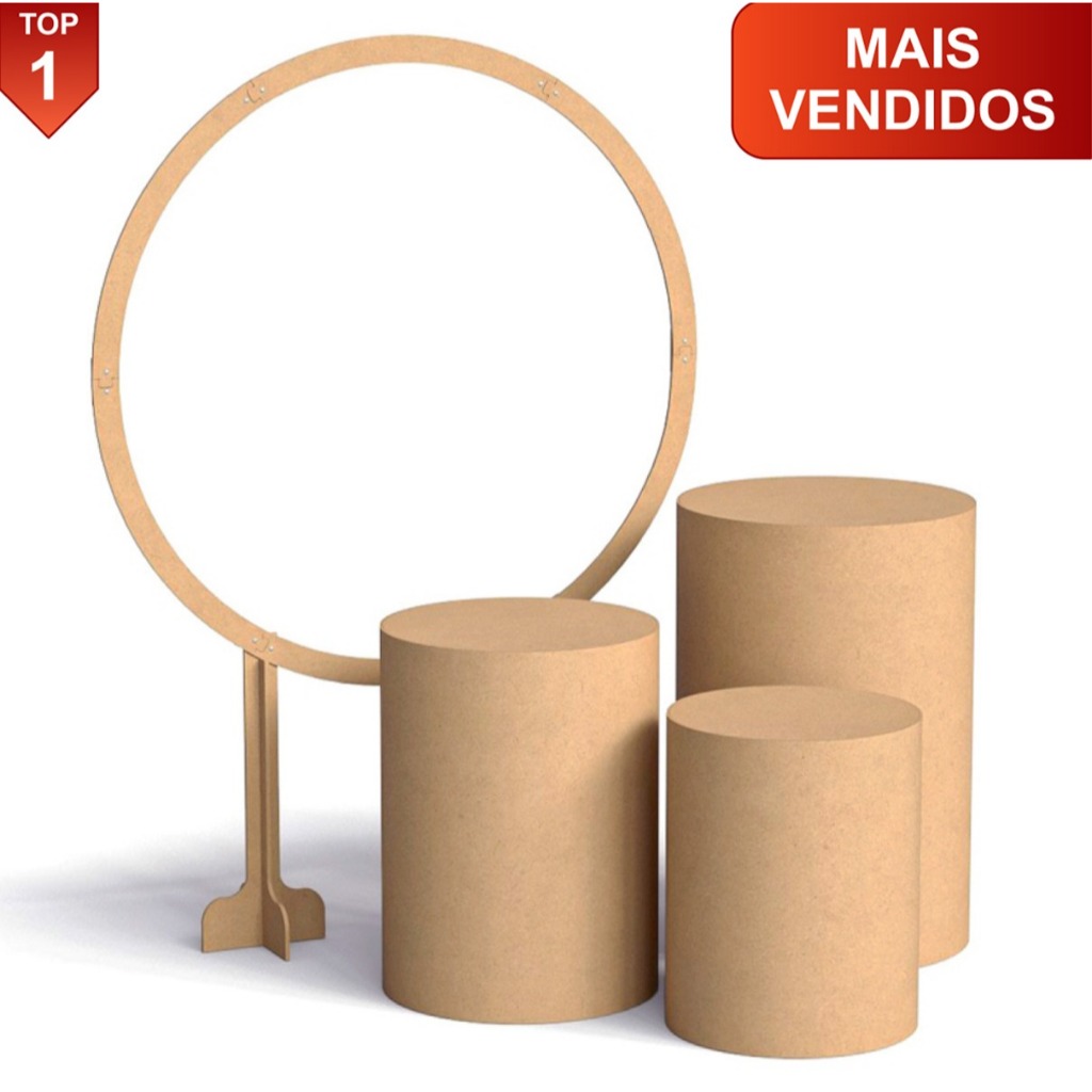 Trio De Cilindros Em MDF Cru E Painel Redondo Festa Aniversário Criança Evento Chá Bebê Revelação