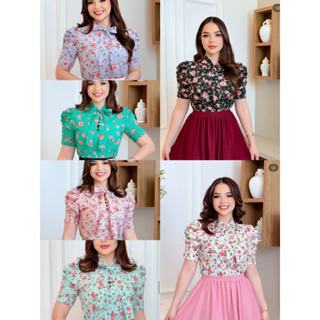Blusa Feminina Estampado Flor Social Manga Curta Bufante com laçinho Moda evangélica em Oferta na Shopee