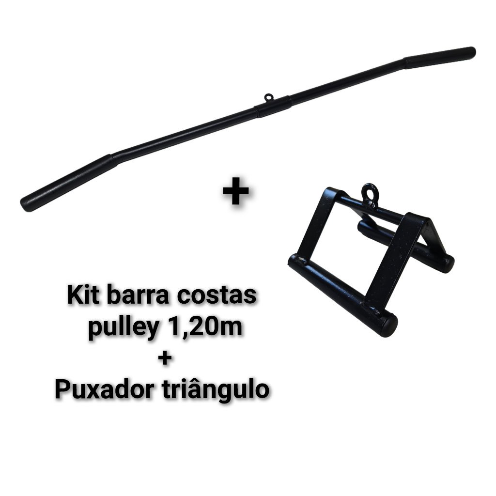 Kit barra costas pulley 1,20m + puxador triângulo compacto academia musculação
