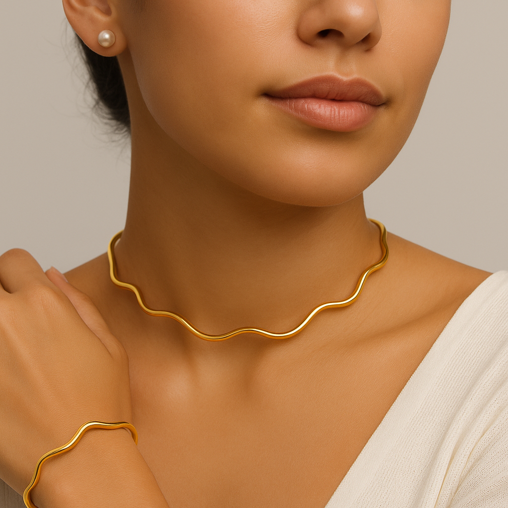 Choker e Pulseira Aro Ondulado – Folheado Dourado ou Prata – Feminino Ajustável e Antialér...