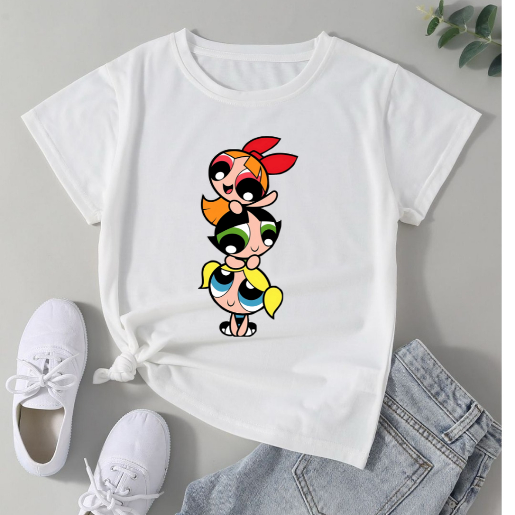 camiseta feminina  T-shirt Estampada meninas super poderosas  de algodão Desenho