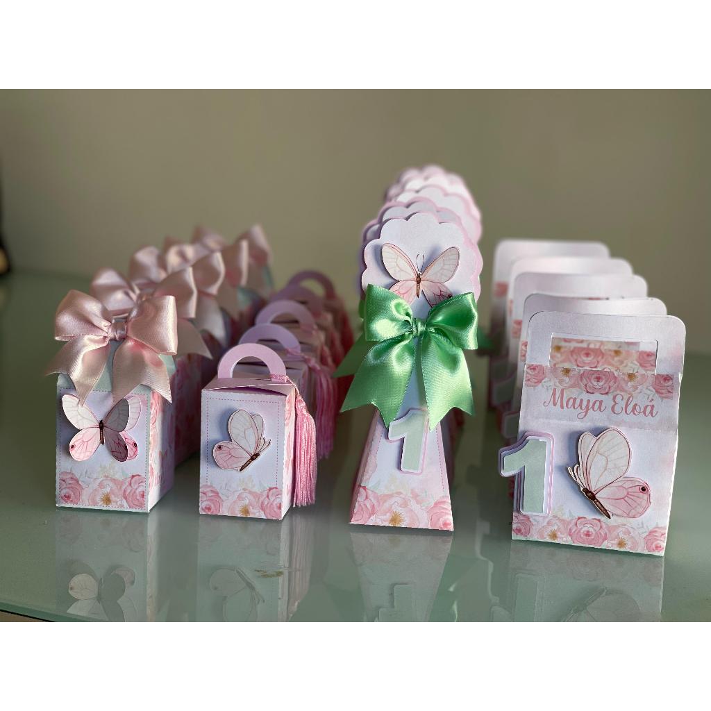 Lembrancinha Personalizado Kit Clássico Jardim Encantado/ Borboletas |MONTADO, C/ LAÇO  E COM TAG 3D/ Caixinhas