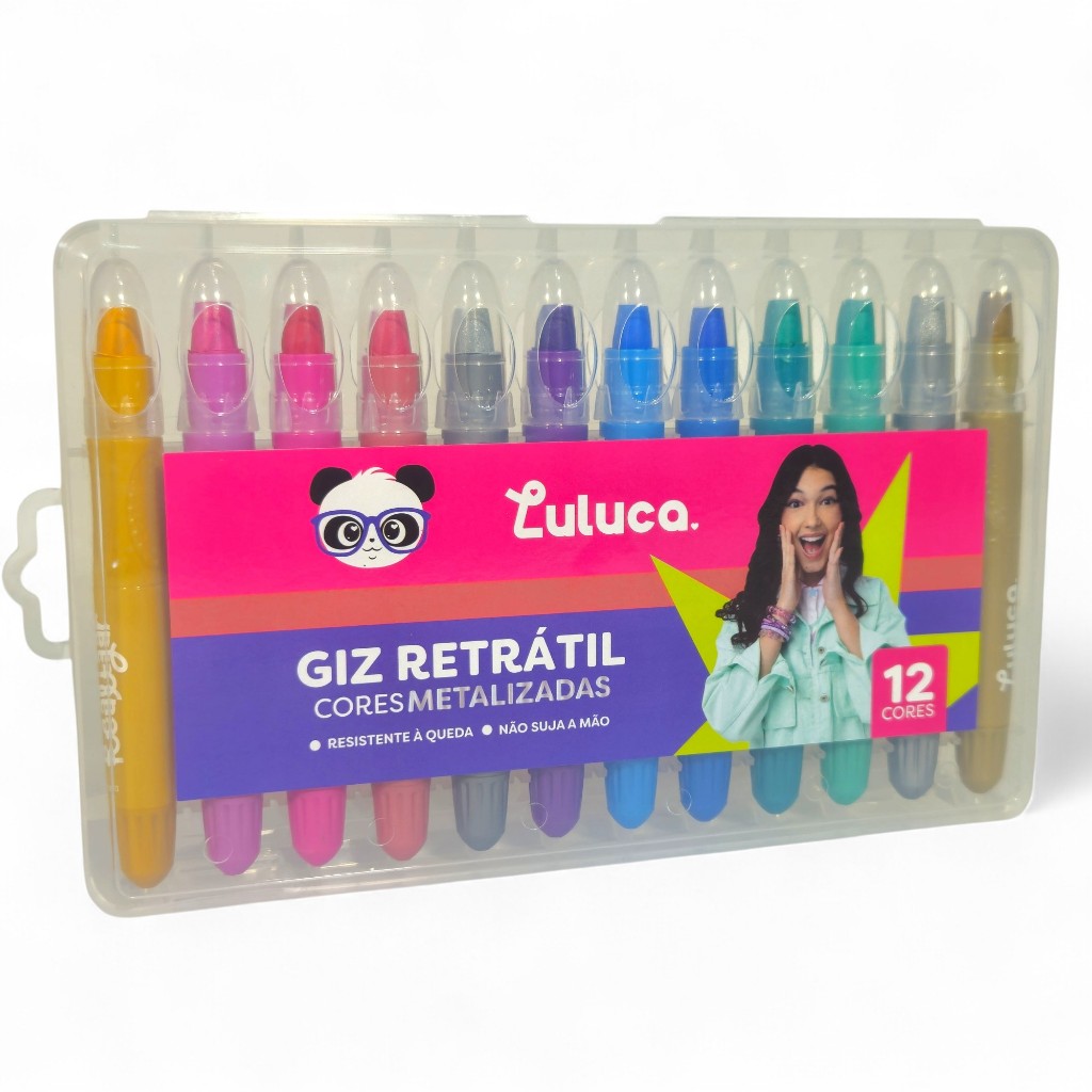 Kit Giz Cera Retrátil Luluca Oficial 12 Cores Metalizadas Resistente à Queda Não Suja as Mãos Estojo