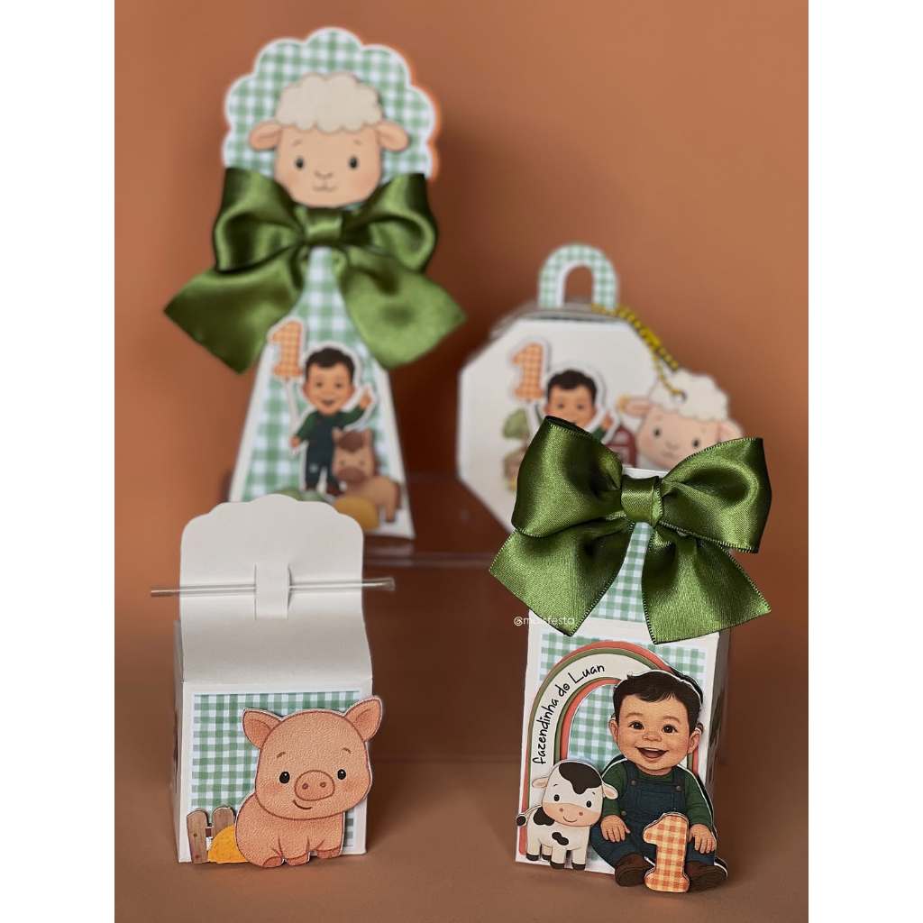 Lembrancinha Personalizada Clássico Fazendinha verde,marrom COM APLIQUE 3D Caixinha festa de aniversário - PEGUE E MONTE