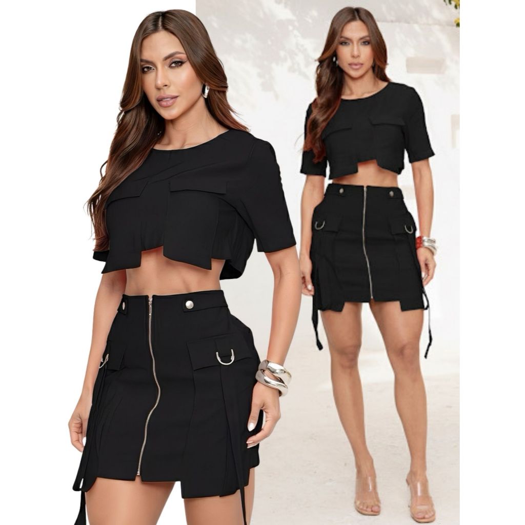 Conjunto Feminino Alfaiataria Cropped Cargo e Saia Cargo com Shorts