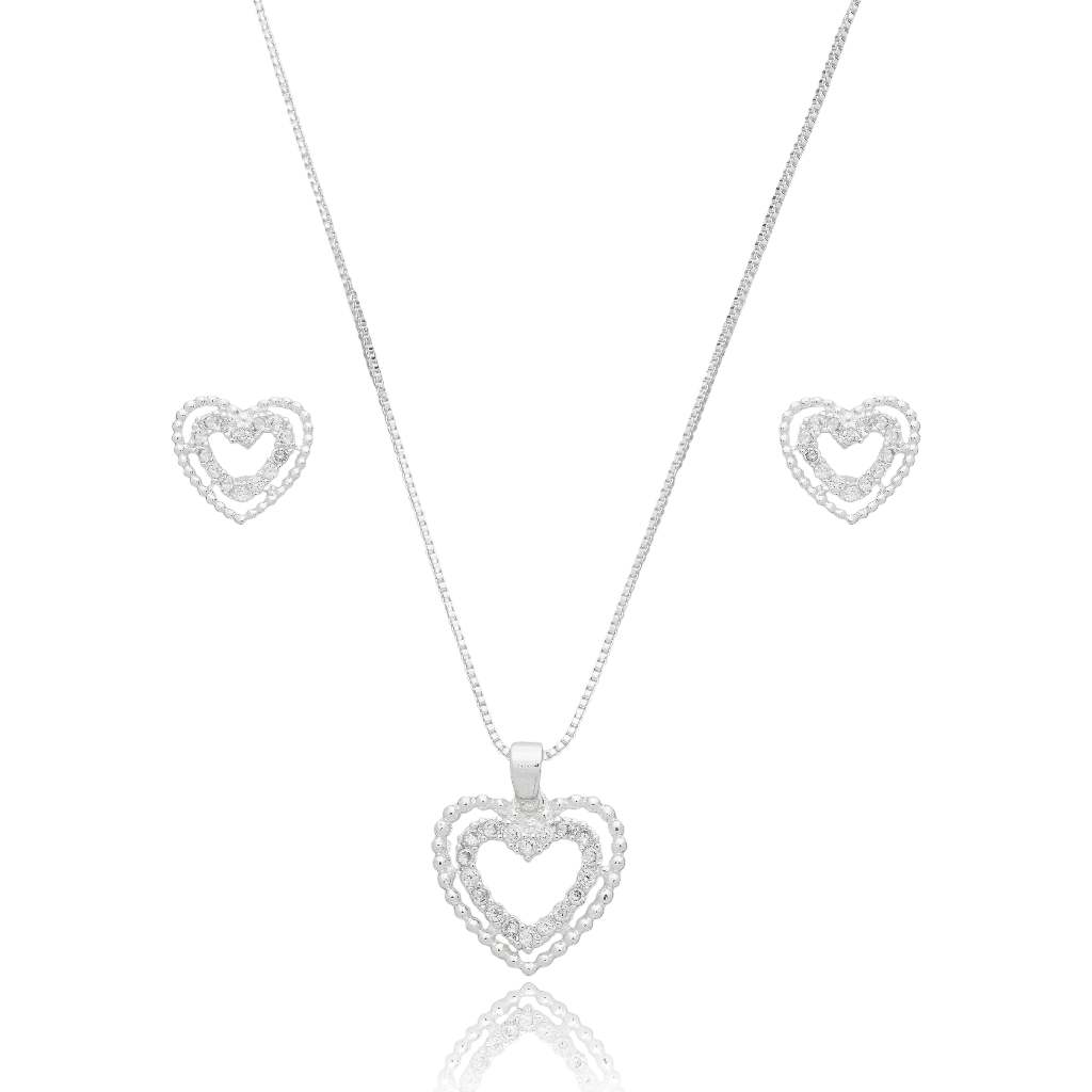 Conjunto coração vazado cravejado à prata 925 em Oferta na Shopee