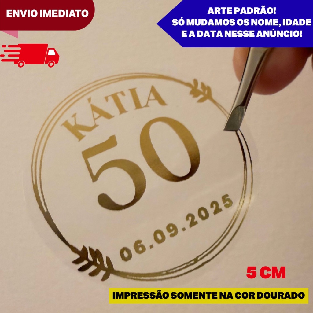 Adesivo personalizado aniversário vinil transparente com dourado preto prata 5cm em Oferta na Shopee