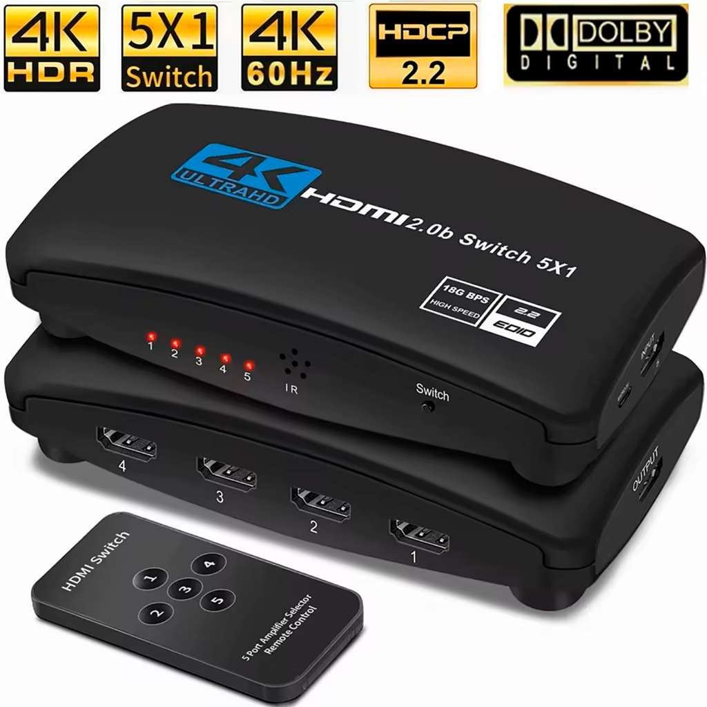 Chaveador Hdmi 5 Portas 5x1 4k 60hz Hdcp 2.2 Hdr Controle