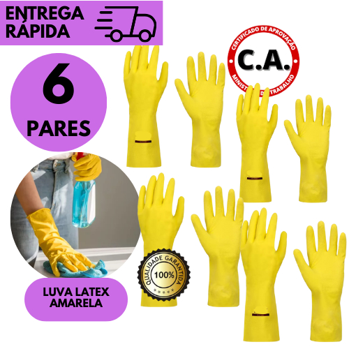 kits 6/3 ou 1 par Luva Amarela de Látex Reutilizável Multiuso  P/Limpeza Casa Cozinha Banheiro