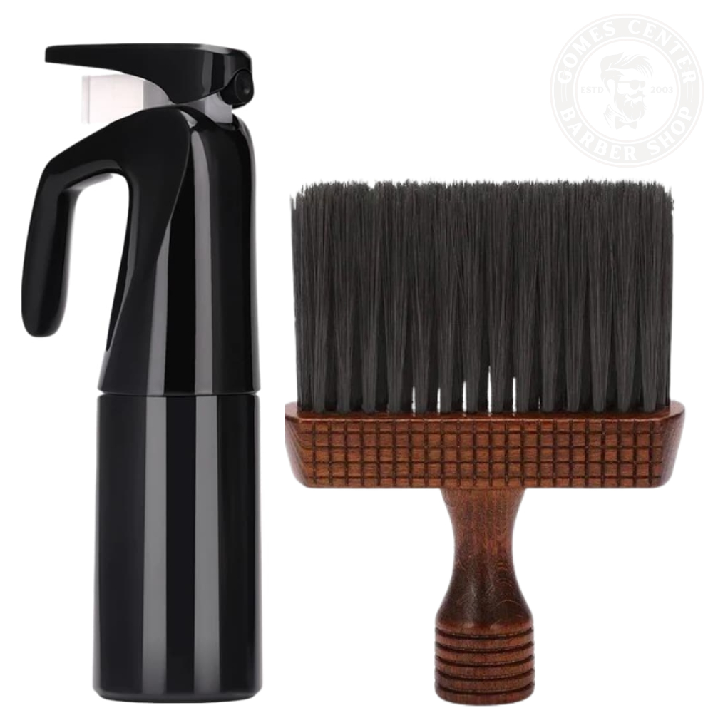 Kit Barbeiro Espanador de Madeira + Borrifador Preto Spray Névoa Contínua 200ml em Oferta na Shopee