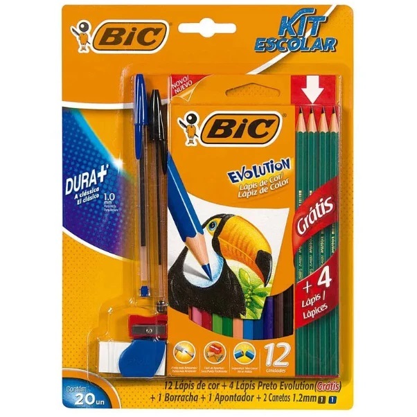 Kit Escolar Bic 12 Lapis de Cor + 4 Lápis Grafite + Caneta Azul e Preta + Borracha + Apontador