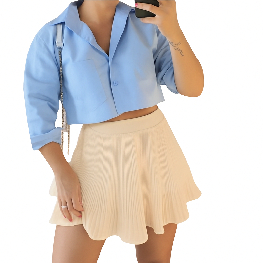 Saia mini plisada com short por baixo, elegante para festa e eventos, conforto e segurança no movimento, modelagem bom