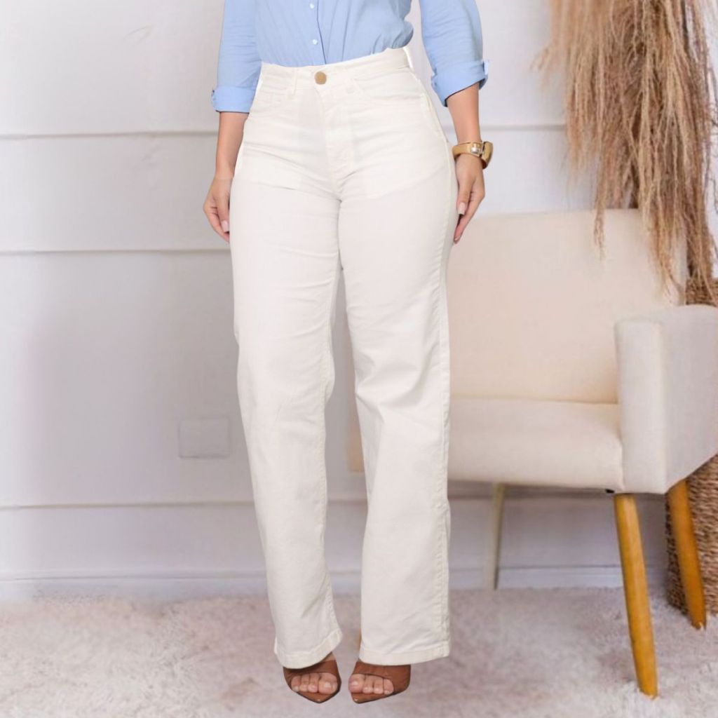 Calça Wide Leg Jeans Feminina Cós Alto Pantalona  Algodão Levanta Bumbum Branco Off White Ano Novo em Oferta na Shopee
