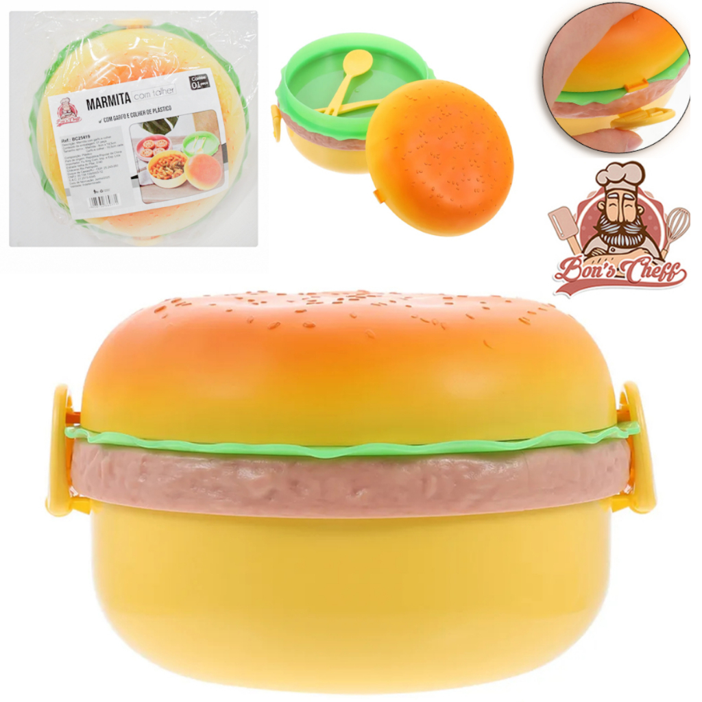 MARMITA DE PLASTICO HAMBURGUER COM BANDEJA INFANTIL + TRAVA LATERAL + COLHER E GARFO 9X14,5CM DE Ø BONS CHEFF em Oferta na Shopee