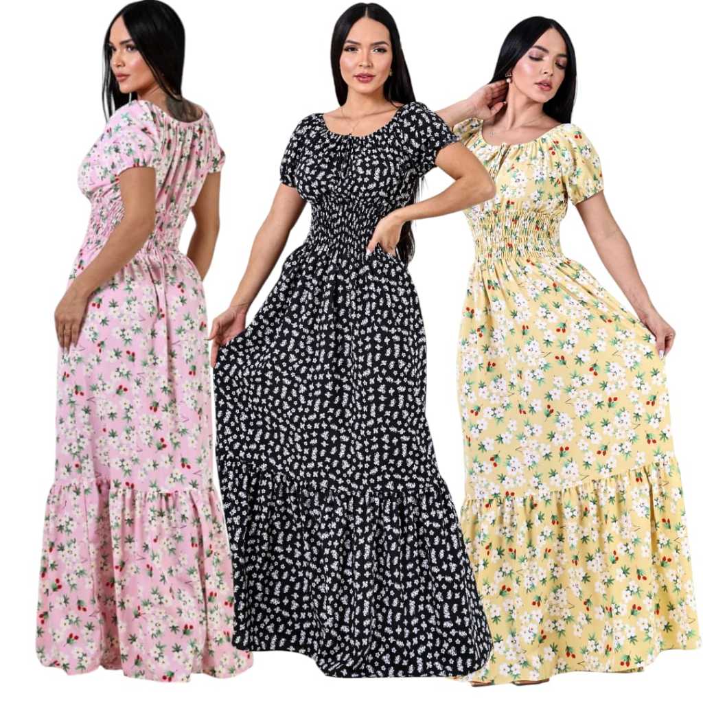 Vestido Longo!! Feminina CREPINHO! Casual Floral Manga Curto Tendencia Moda Evangelica*** em Oferta na Shopee