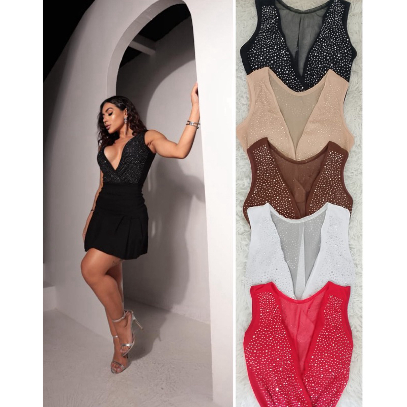 Body Tule com Strass Decote Transpassado Regata  Brilho Body Feminino  Pedraria - Sexy Balada, Festa, Eventos, Tendência