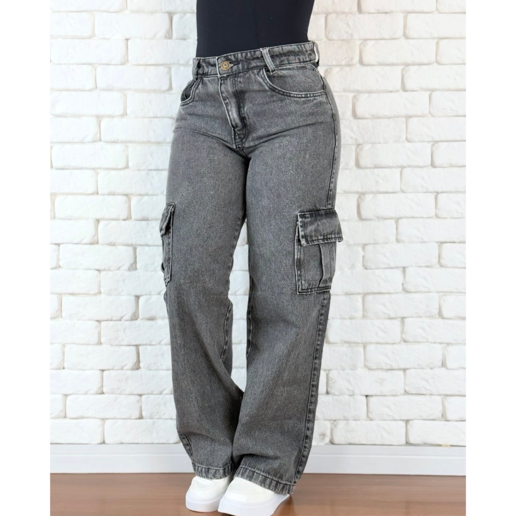 Calça Jeans feminina Wide Leg Cargo Pantalona premium Cintura Alta bolsos lateral Perfeita