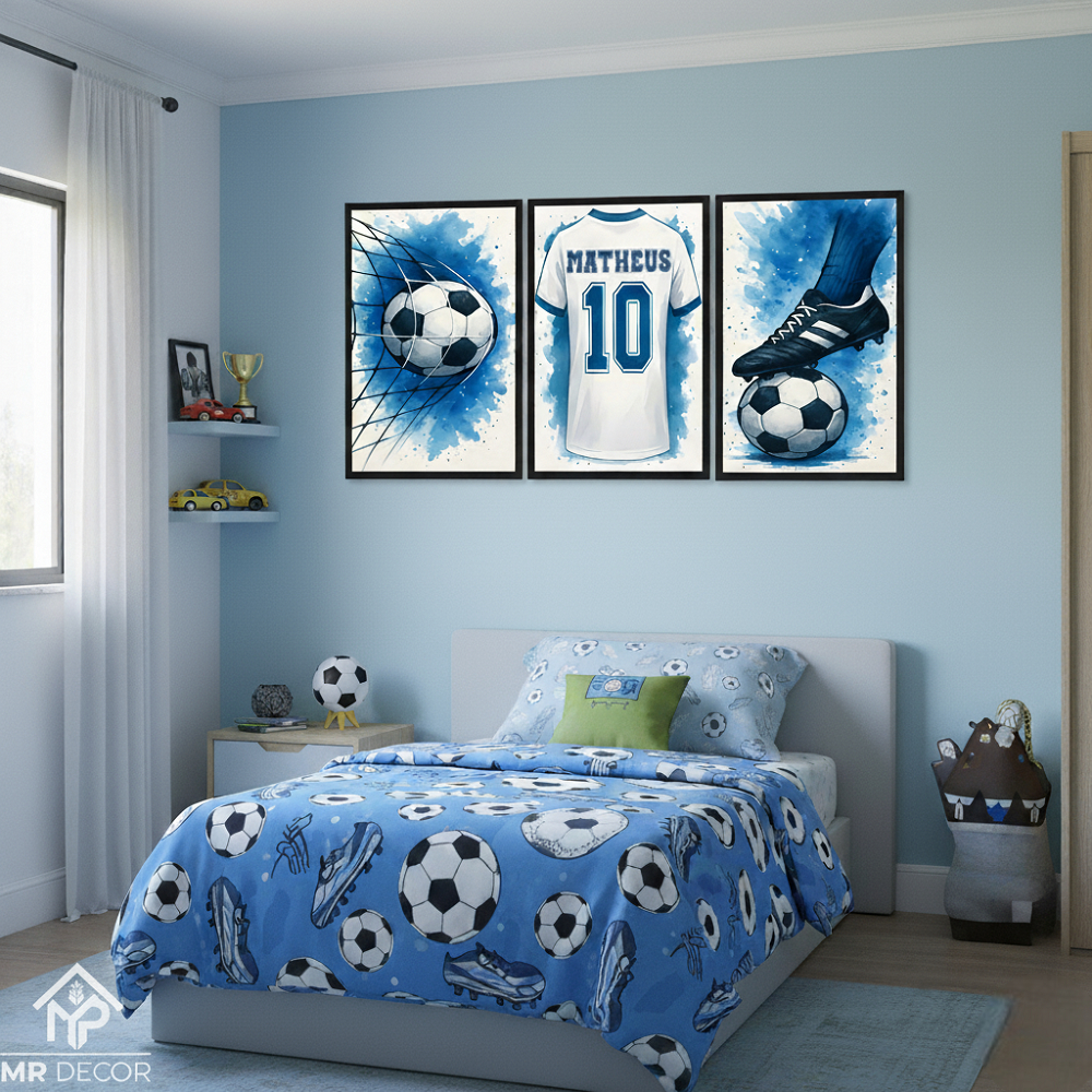 "Quadro Decorativo 3 Peças Futebol Nome e Número Camisa Personalizado