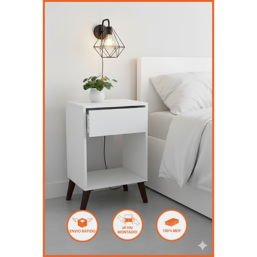 Mesa de Cabeceira Retro com Gaveta Nicho Pé Palito PVC 100% MDF Quarto Moderna Premium Vai Montado