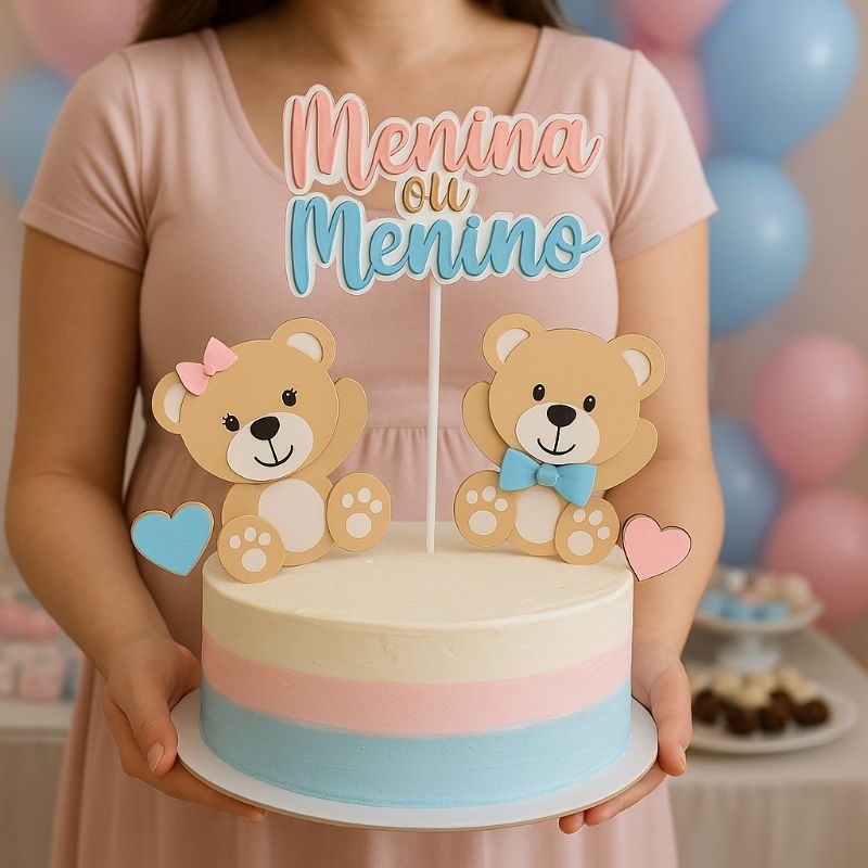 Topo de Bolo Chá Revelação Ursinho e Ursinha "Menino ou Menina" | Topo de Bolo em Camadas