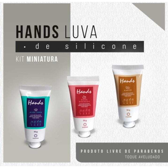 Kit Miniaturas Luva Silicone Hands Hinode 3 Cremes(Aloe Vera, Karité e Romã) 50g cada + Cx Presenteáve58,l