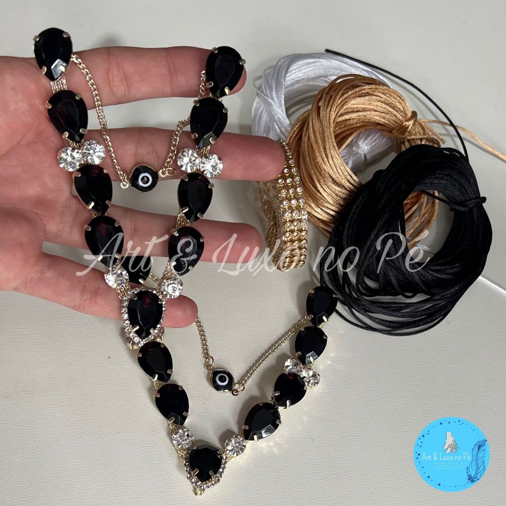 Kit Cabedal Olho Grego Preto Correntinha Com Pino Para Chinelos em Oferta na Shopee