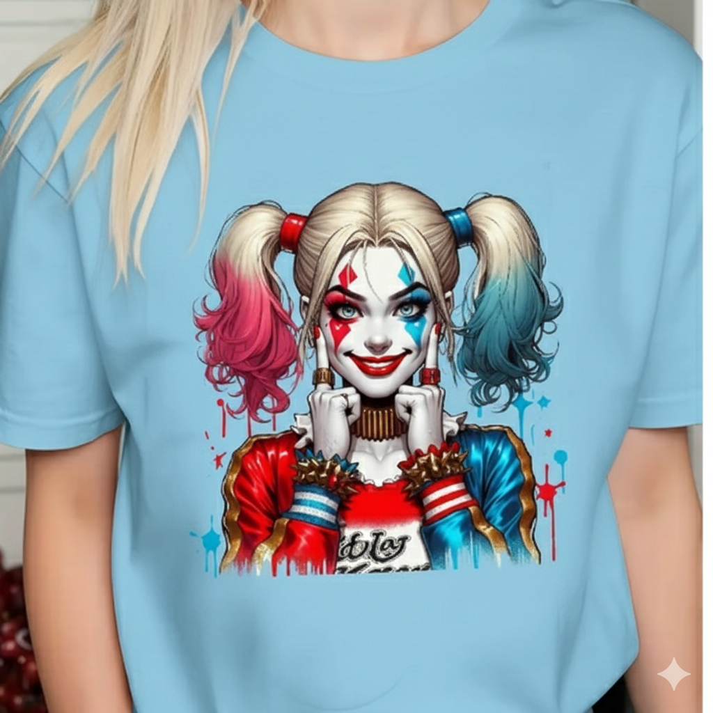 CAMISETA FEMININA ARLEQUINA,CAMISETA POP,ESTILOSA,CAMISETA CAOTICA DA DC ESTAMPADA,100% ALGODAO