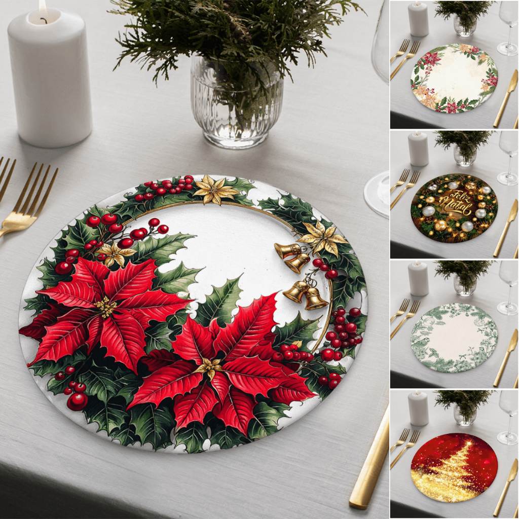 Kit 6 Capas para Sousplat Mesa Posta Festa Tecido Sublimado 35cm Natal
