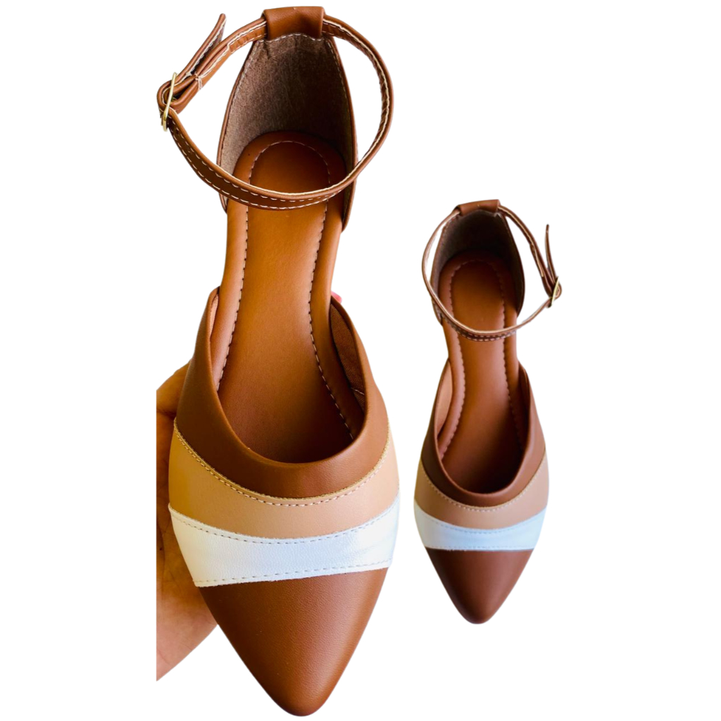 SALOMÉ SAPATILHA FEMININA BICO FINO CONFORTAVÉL E ELEGANTE CARAMELO COM DETALHE EM BRANCO E NUDE em Oferta na Shopee