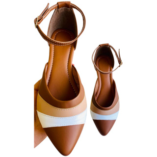 SALOMÉ SAPATILHA FEMININA BICO FINO CONFORTAVÉL E ELEGANTE CARAMELO COM DETALHE EM BRANCO E NUDE em Oferta na Shopee