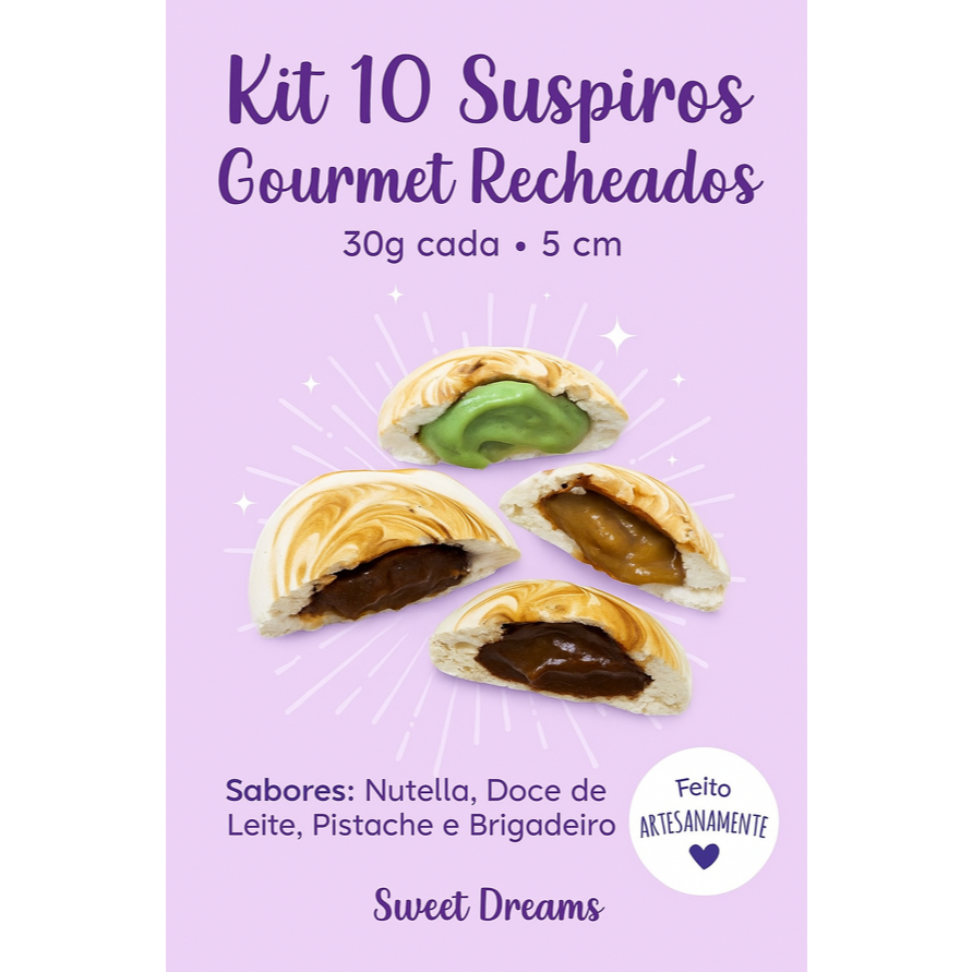 Kit 10 Suspiros Recheados Gourmet 30g – Nutella, Doce de Leite, Pistache ou Brigadeiro