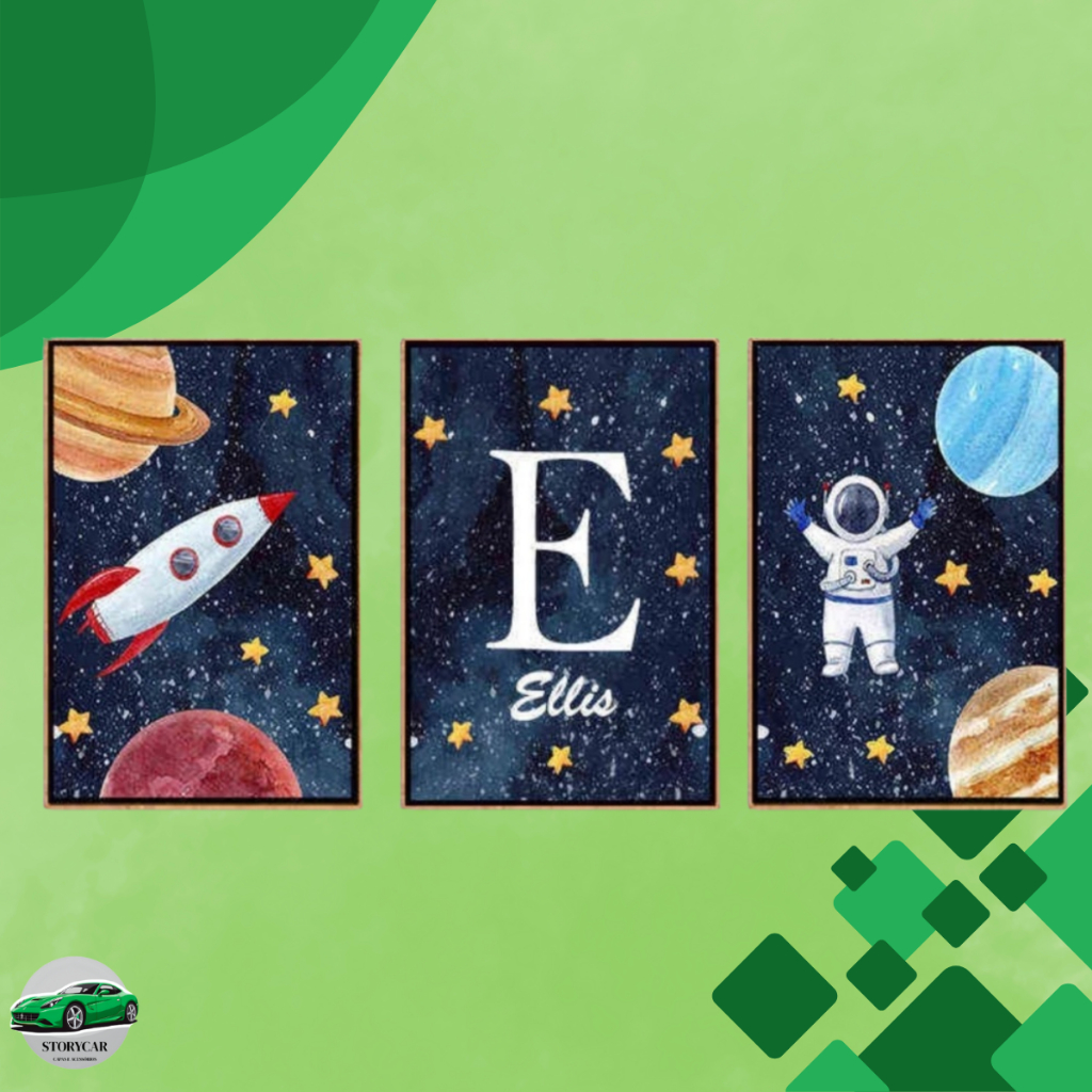 Quadro Decorativo MDF Infantil Astronauta Azul Espaço Foguete Personalizado com o Nome