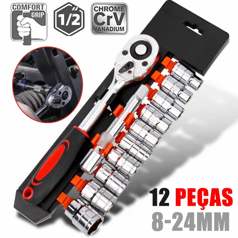 Jogo De Soquete 8 A 24MM Com 1/2" Chave Catraca 12 Peças CRV Reversivel em Oferta na Shopee