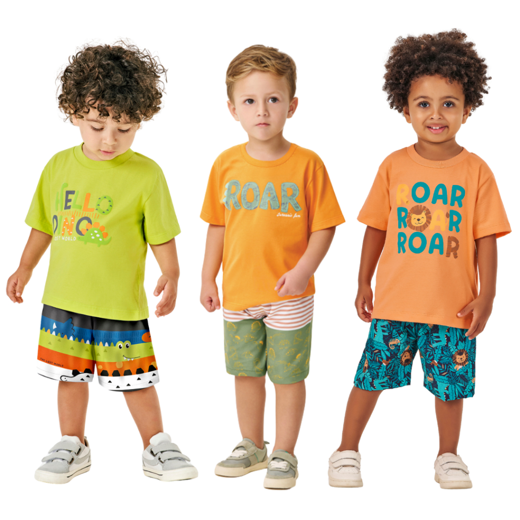 Conjunto Camiseta de meia malha e Bermuda Tactel Infantil Dinossauro Kiko e Kika 1 a 3 anos