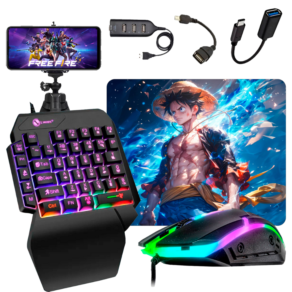 Kit Mobilador One Hand Gamer Completo Para Celular Com Teclado + Mouse Gamer Led RGB