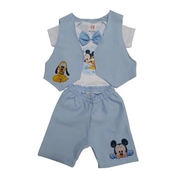Conjunto Baby Mickey Azul Bebê Menino Conjunto Festa Infantil Mesversário C/ Colete, Body e Shorts Temático Fantasia
