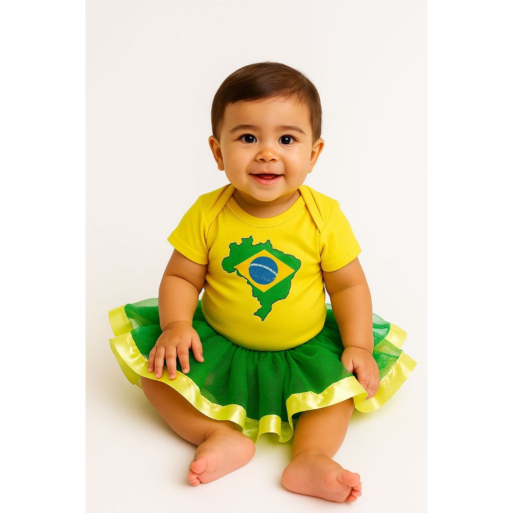 Body Mesversário Temático Brasil Bebê Menina Com Saia Tule Conjunto Infantil Aniversário Festa Cores Verde E Amarelo