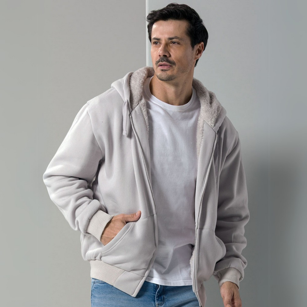 Jaqueta de Moletom Masculina Blusa Moletom Peluciado Zíper Casaco com Capuz Forro Peluciado Fresco