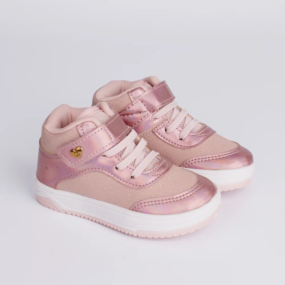 Tênis Cano Alto Infantil Menina Kidy Happy Rosa Nude Metalizado Calce Fácil Confortável Escolar