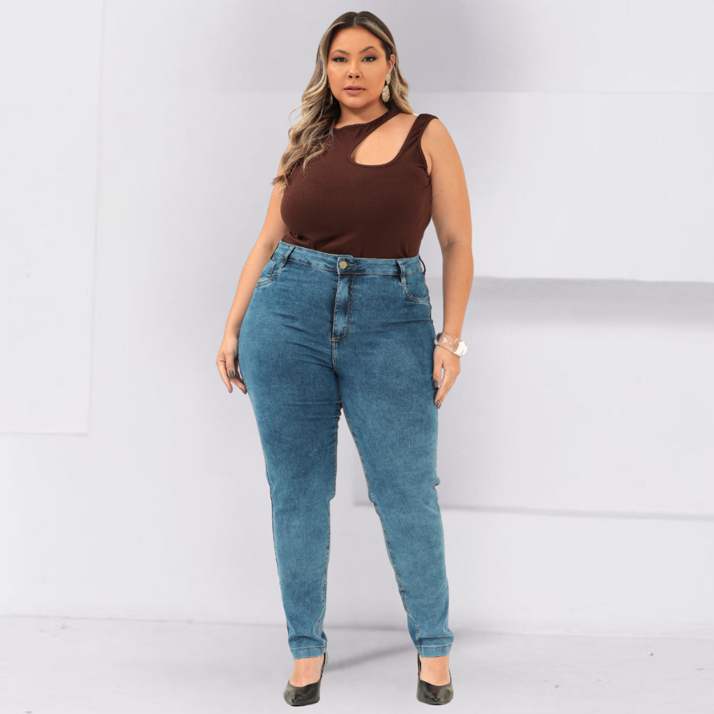Calça Jeans Feminina Plus Size com Elastano Cintura Alta Skinny Lycra Levanta Bumbum