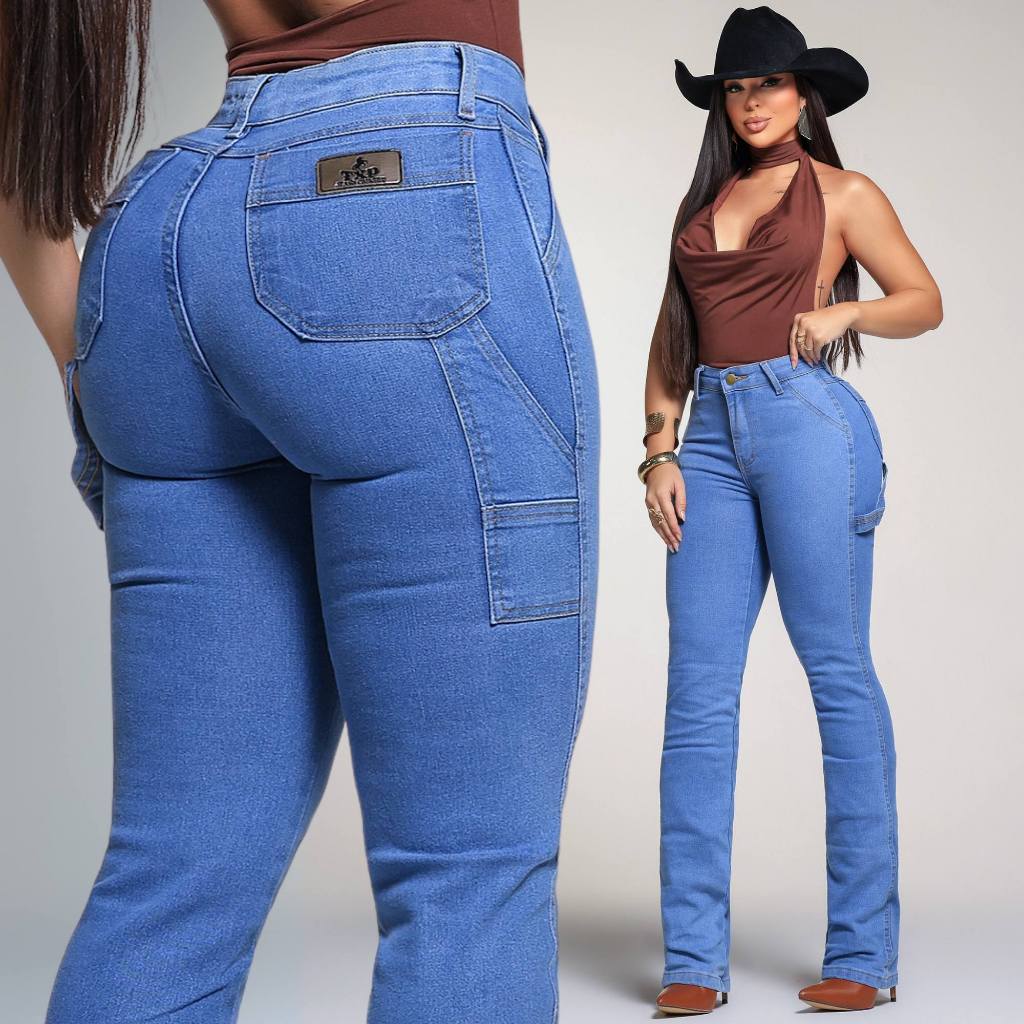 Calça Jeans Carpinteira Feminina Moda Country Sertaneja Muladeira Rodeio Cowgirl Bolsos Utilitários Estilo Sertanejo em Oferta na Shopee