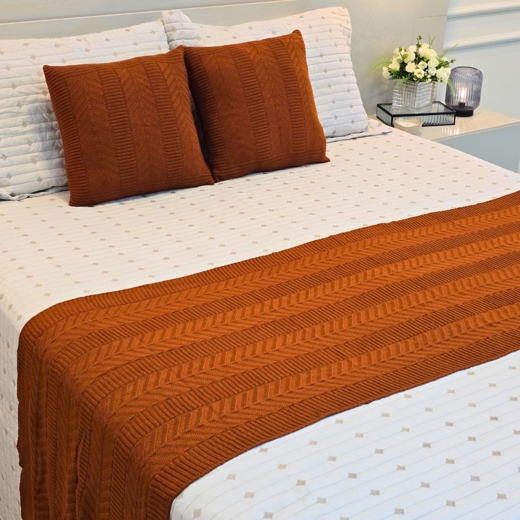 Kit Peseira Manta Tricot Cama Casal Queen King Links + 2 Capas Almofadas
