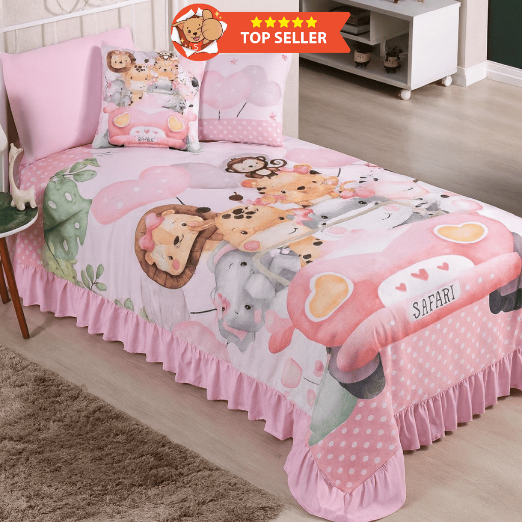 Colcha Solteiro Safari Carro Rosa 6 Peças Cobre Leito Infantil Safari Carro Rosa