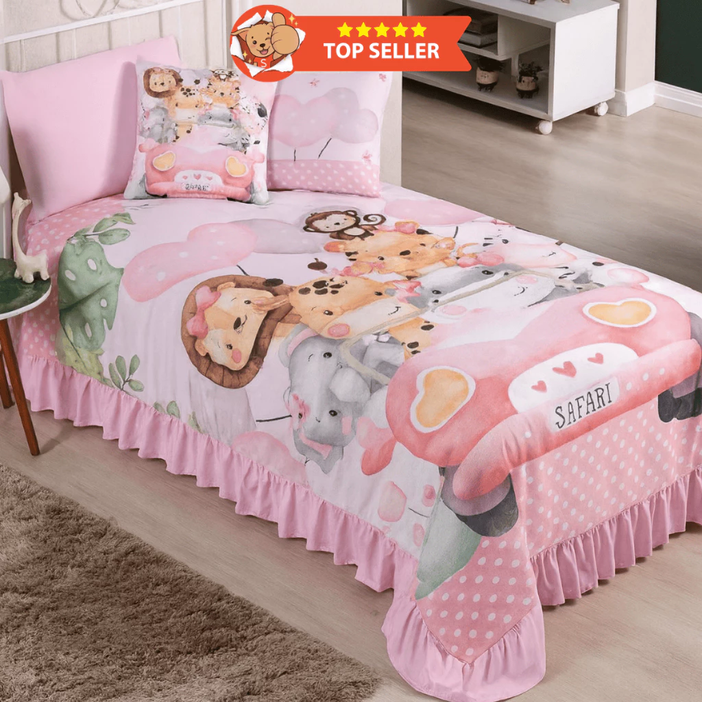 Colcha Solteiro Safari Carro Rosa 6 Peças Cobre Leito Infantil Safari Carro Rosa
